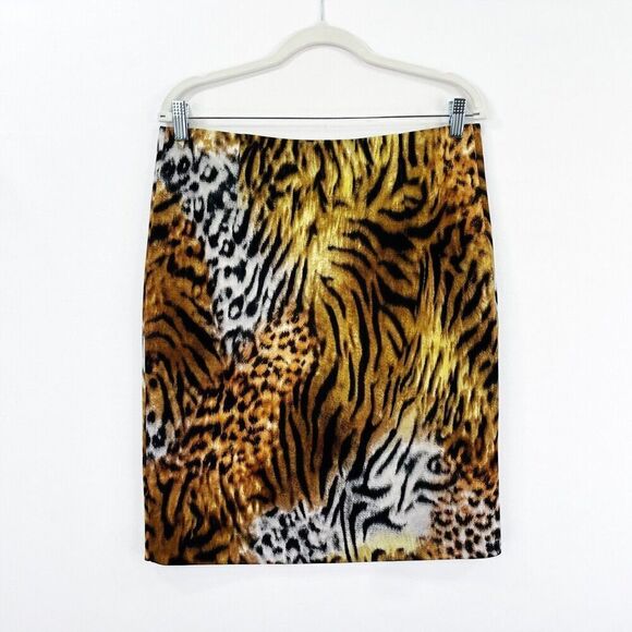 Vtg Cartise Skirt Womens 8 Brown Black Leopard Pencil Skirt Scuba Gold Zipper - Picture 7 of 16